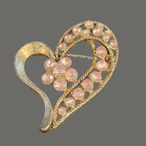 Vintage Pink Rhinestone Heart Brooch Pin Costume Jewelry Estate Sale Find
